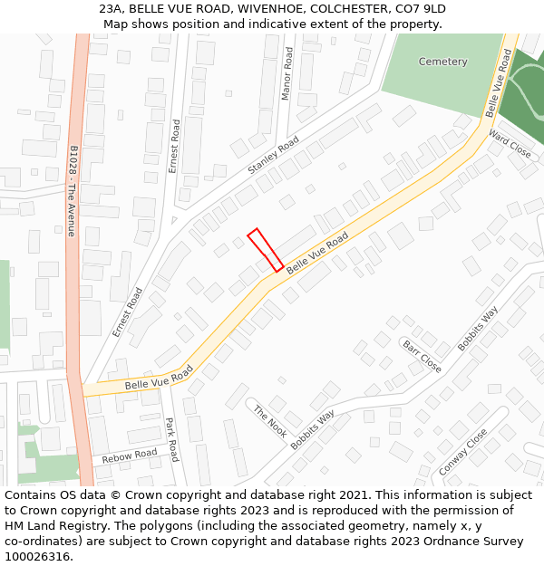 23A, BELLE VUE ROAD, WIVENHOE, COLCHESTER, CO7 9LD: Location map and indicative extent of plot