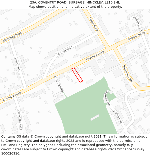 23A, COVENTRY ROAD, BURBAGE, HINCKLEY, LE10 2HL: Location map and indicative extent of plot