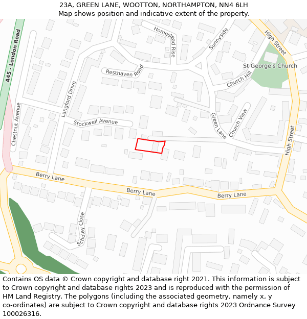 23A, GREEN LANE, WOOTTON, NORTHAMPTON, NN4 6LH: Location map and indicative extent of plot