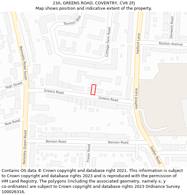 23A, GREENS ROAD, COVENTRY, CV6 2FJ: Location map and indicative extent of plot
