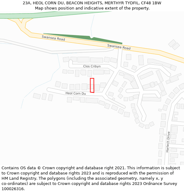 23A, HEOL CORN DU, BEACON HEIGHTS, MERTHYR TYDFIL, CF48 1BW: Location map and indicative extent of plot