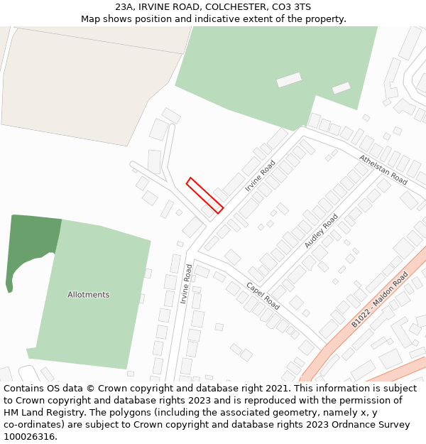 23A, IRVINE ROAD, COLCHESTER, CO3 3TS: Location map and indicative extent of plot