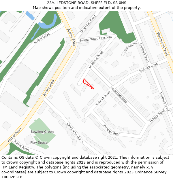 23A, LEDSTONE ROAD, SHEFFIELD, S8 0NS: Location map and indicative extent of plot