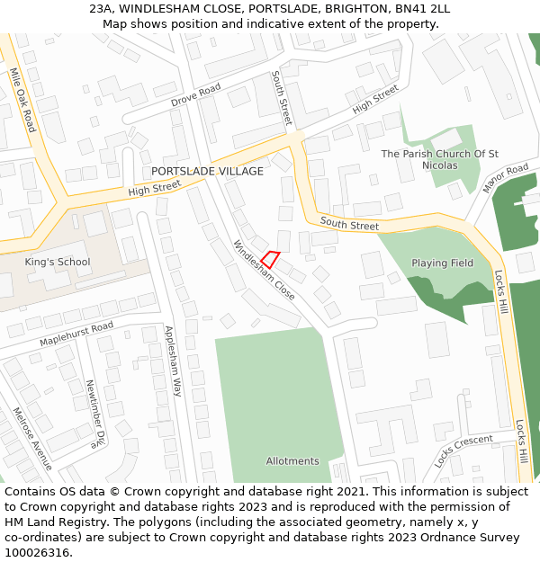 23A, WINDLESHAM CLOSE, PORTSLADE, BRIGHTON, BN41 2LL: Location map and indicative extent of plot