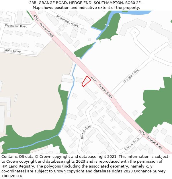 23B, GRANGE ROAD, HEDGE END, SOUTHAMPTON, SO30 2FL: Location map and indicative extent of plot