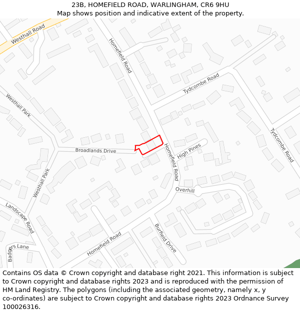 23B, HOMEFIELD ROAD, WARLINGHAM, CR6 9HU: Location map and indicative extent of plot