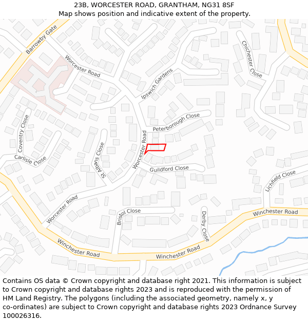 23B, WORCESTER ROAD, GRANTHAM, NG31 8SF: Location map and indicative extent of plot