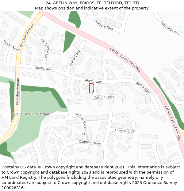 24, ABELIA WAY, PRIORSLEE, TELFORD, TF2 9TJ: Location map and indicative extent of plot