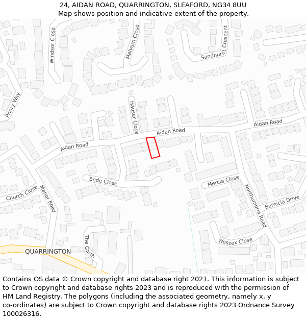 24, AIDAN ROAD, QUARRINGTON, SLEAFORD, NG34 8UU: Location map and indicative extent of plot
