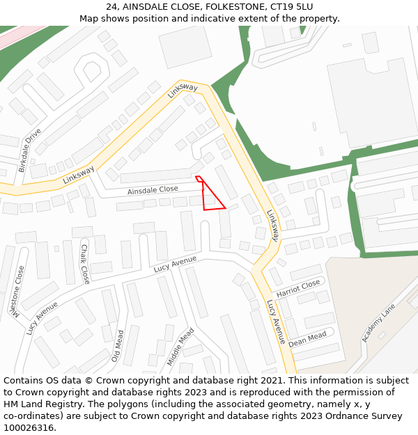 24, AINSDALE CLOSE, FOLKESTONE, CT19 5LU: Location map and indicative extent of plot