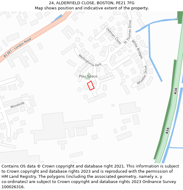 24, ALDERFIELD CLOSE, BOSTON, PE21 7FG: Location map and indicative extent of plot