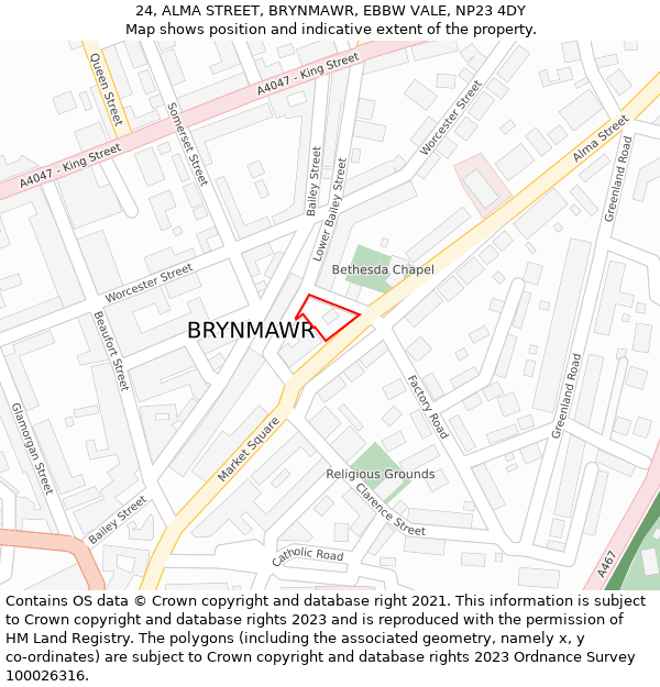 24, ALMA STREET, BRYNMAWR, EBBW VALE, NP23 4DY: Location map and indicative extent of plot