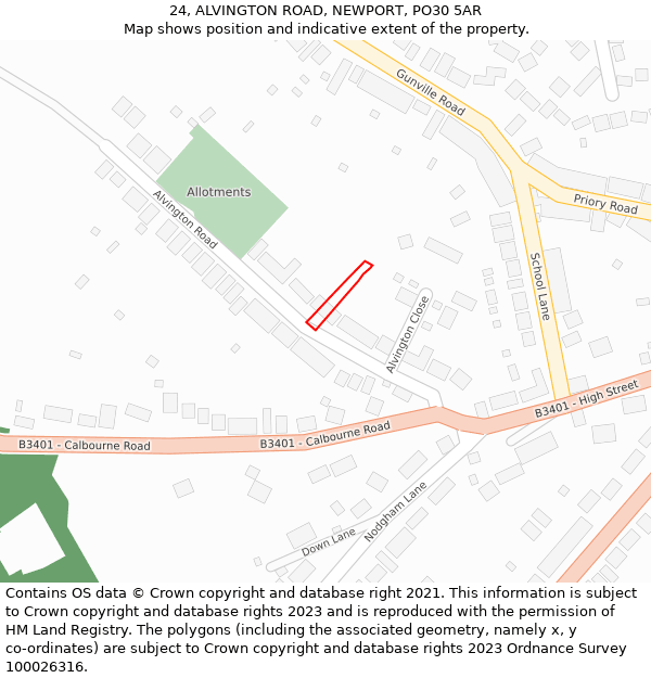 24, ALVINGTON ROAD, NEWPORT, PO30 5AR: Location map and indicative extent of plot