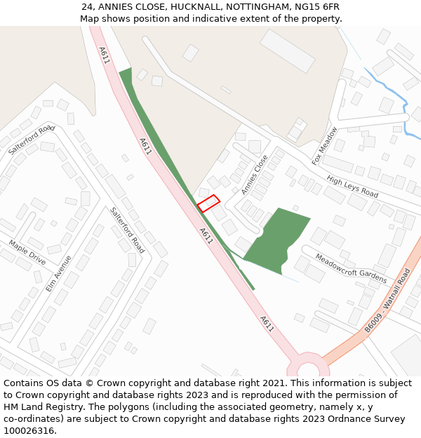 24, ANNIES CLOSE, HUCKNALL, NOTTINGHAM, NG15 6FR: Location map and indicative extent of plot