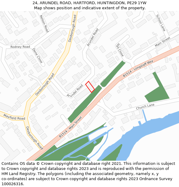 24, ARUNDEL ROAD, HARTFORD, HUNTINGDON, PE29 1YW: Location map and indicative extent of plot