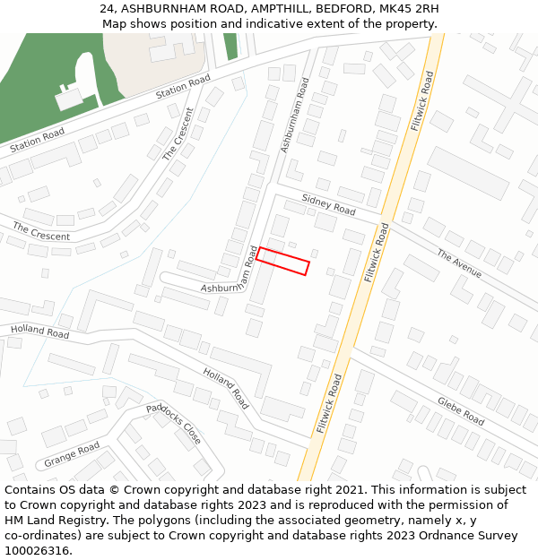 24, ASHBURNHAM ROAD, AMPTHILL, BEDFORD, MK45 2RH: Location map and indicative extent of plot