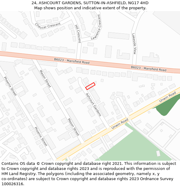 24, ASHCOURT GARDENS, SUTTON-IN-ASHFIELD, NG17 4HD: Location map and indicative extent of plot