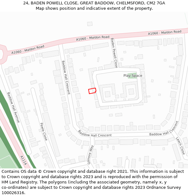 24, BADEN POWELL CLOSE, GREAT BADDOW, CHELMSFORD, CM2 7GA: Location map and indicative extent of plot