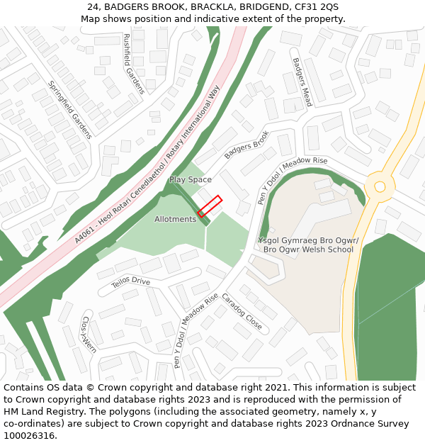 24, BADGERS BROOK, BRACKLA, BRIDGEND, CF31 2QS: Location map and indicative extent of plot