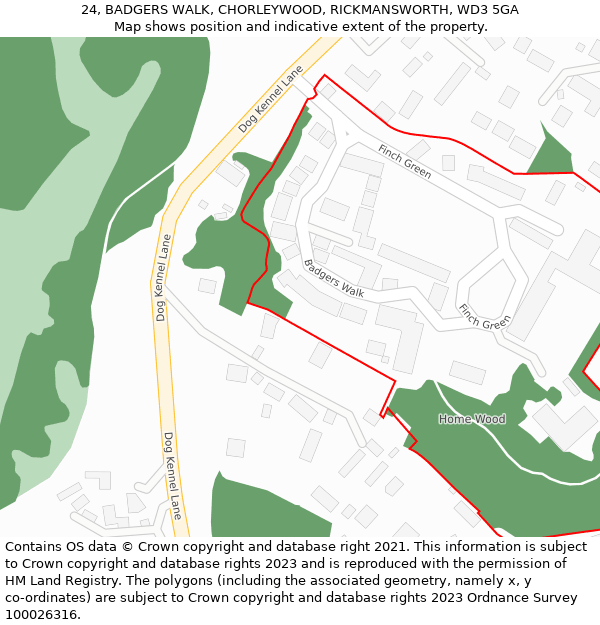 24, BADGERS WALK, CHORLEYWOOD, RICKMANSWORTH, WD3 5GA: Location map and indicative extent of plot