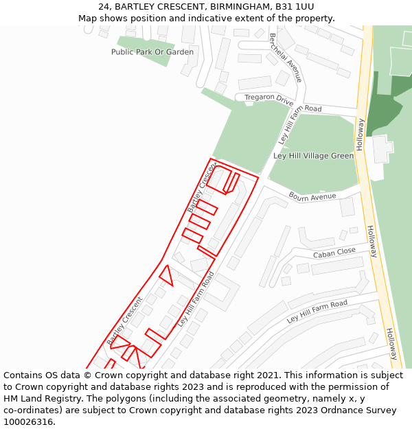 24, BARTLEY CRESCENT, BIRMINGHAM, B31 1UU: Location map and indicative extent of plot