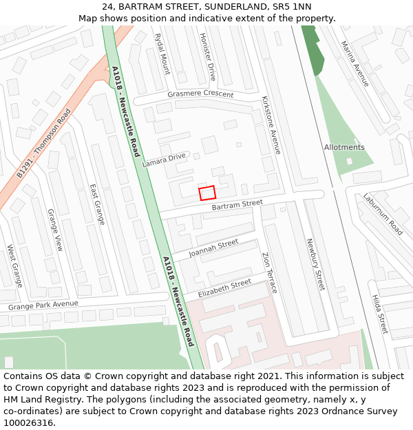 24, BARTRAM STREET, SUNDERLAND, SR5 1NN: Location map and indicative extent of plot