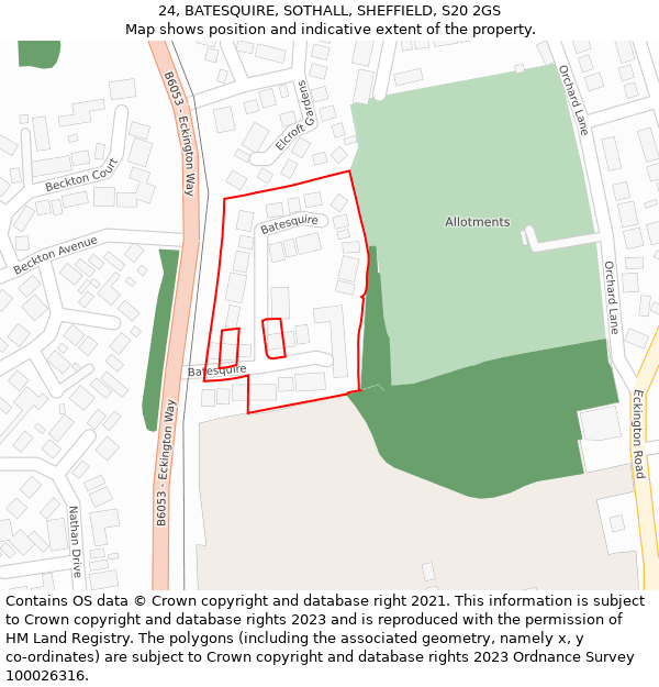 24, BATESQUIRE, SOTHALL, SHEFFIELD, S20 2GS: Location map and indicative extent of plot