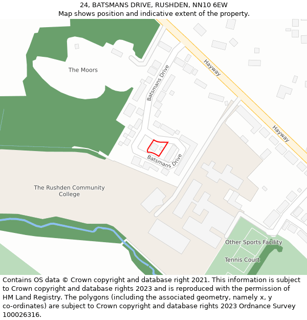 24, BATSMANS DRIVE, RUSHDEN, NN10 6EW: Location map and indicative extent of plot