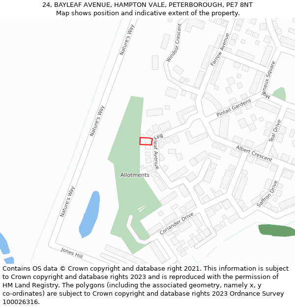 24, BAYLEAF AVENUE, HAMPTON VALE, PETERBOROUGH, PE7 8NT: Location map and indicative extent of plot