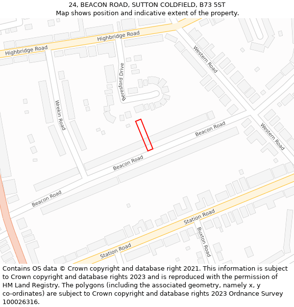 24, BEACON ROAD, SUTTON COLDFIELD, B73 5ST: Location map and indicative extent of plot