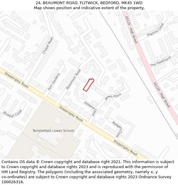 24, BEAUMONT ROAD, FLITWICK, BEDFORD, MK45 1WD: Location map and indicative extent of plot