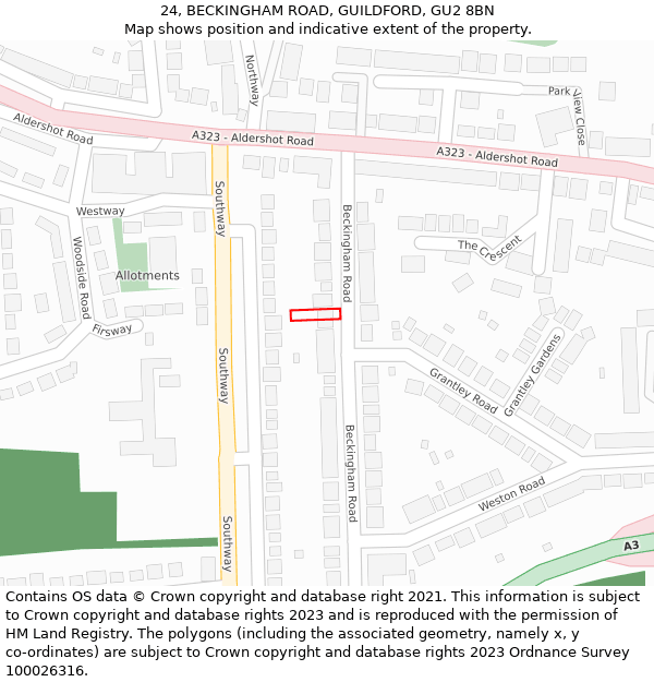 24, BECKINGHAM ROAD, GUILDFORD, GU2 8BN: Location map and indicative extent of plot