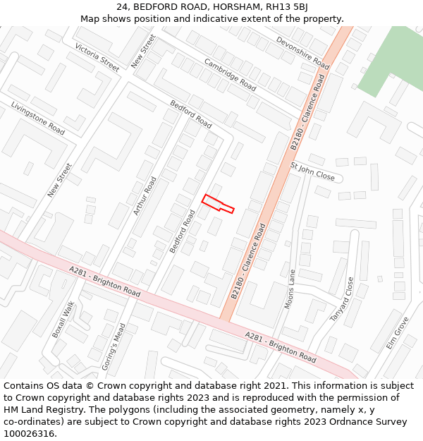 24, BEDFORD ROAD, HORSHAM, RH13 5BJ: Location map and indicative extent of plot