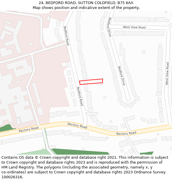 24, BEDFORD ROAD, SUTTON COLDFIELD, B75 6AA: Location map and indicative extent of plot
