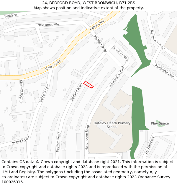 24, BEDFORD ROAD, WEST BROMWICH, B71 2RS: Location map and indicative extent of plot