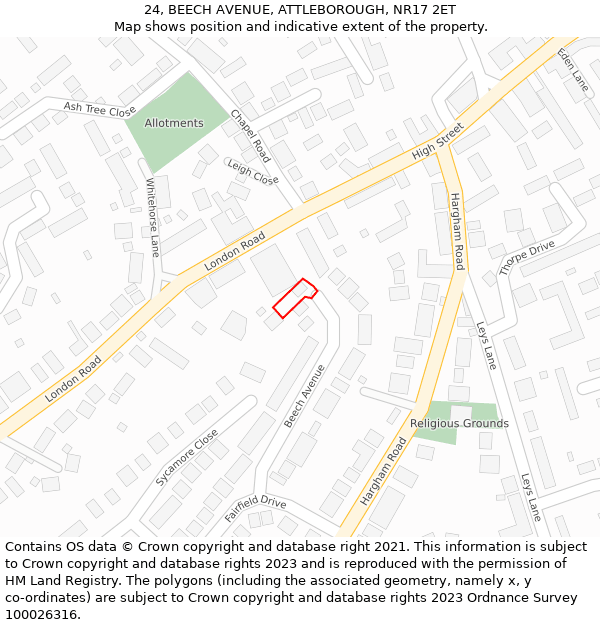 24, BEECH AVENUE, ATTLEBOROUGH, NR17 2ET: Location map and indicative extent of plot