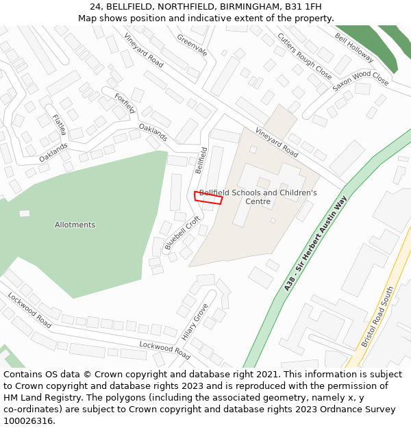 24, BELLFIELD, NORTHFIELD, BIRMINGHAM, B31 1FH: Location map and indicative extent of plot