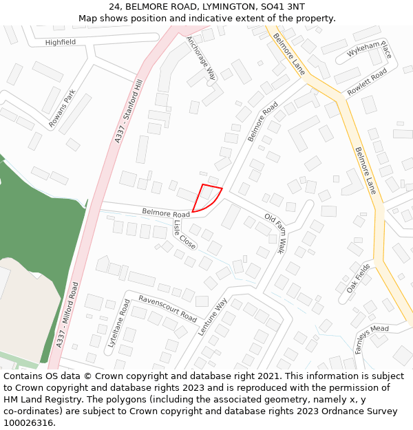 24, BELMORE ROAD, LYMINGTON, SO41 3NT: Location map and indicative extent of plot