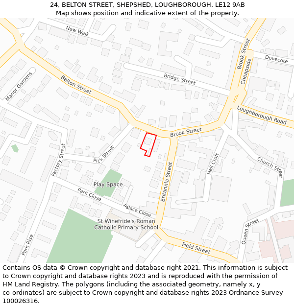 24, BELTON STREET, SHEPSHED, LOUGHBOROUGH, LE12 9AB: Location map and indicative extent of plot
