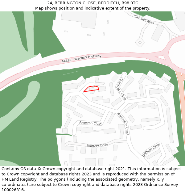 24, BERRINGTON CLOSE, REDDITCH, B98 0TG: Location map and indicative extent of plot