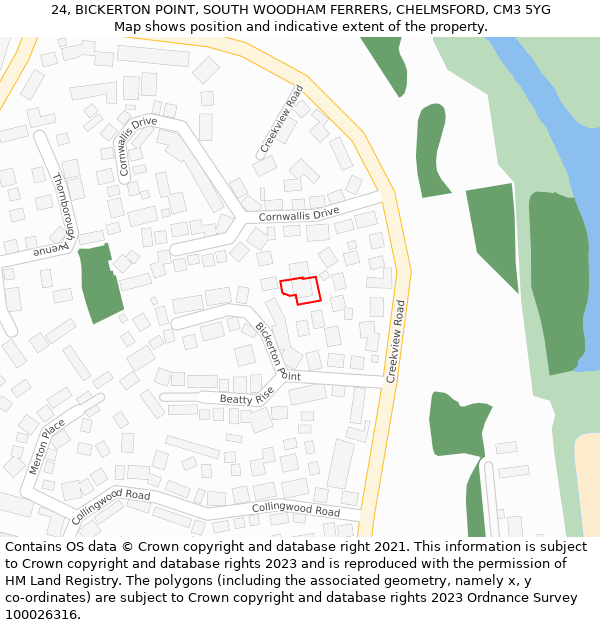 24, BICKERTON POINT, SOUTH WOODHAM FERRERS, CHELMSFORD, CM3 5YG: Location map and indicative extent of plot