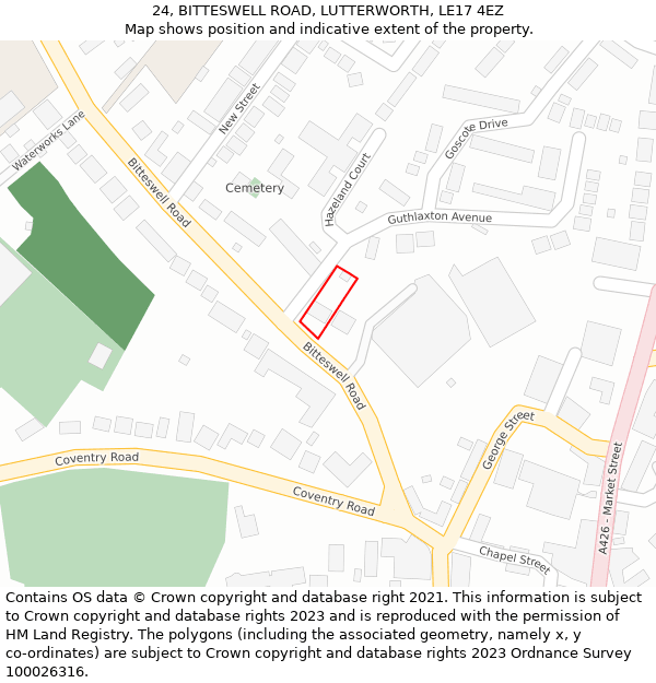 24, BITTESWELL ROAD, LUTTERWORTH, LE17 4EZ: Location map and indicative extent of plot