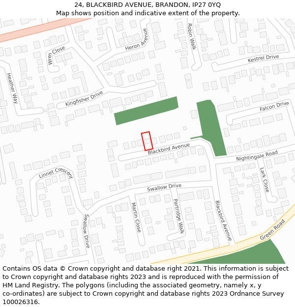 24, BLACKBIRD AVENUE, BRANDON, IP27 0YQ: Location map and indicative extent of plot