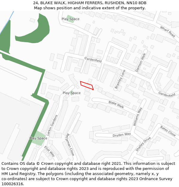 24, BLAKE WALK, HIGHAM FERRERS, RUSHDEN, NN10 8DB: Location map and indicative extent of plot