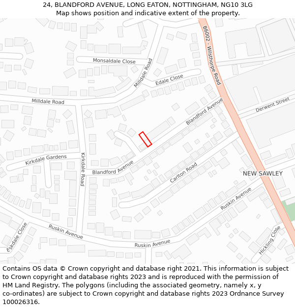 24, BLANDFORD AVENUE, LONG EATON, NOTTINGHAM, NG10 3LG: Location map and indicative extent of plot