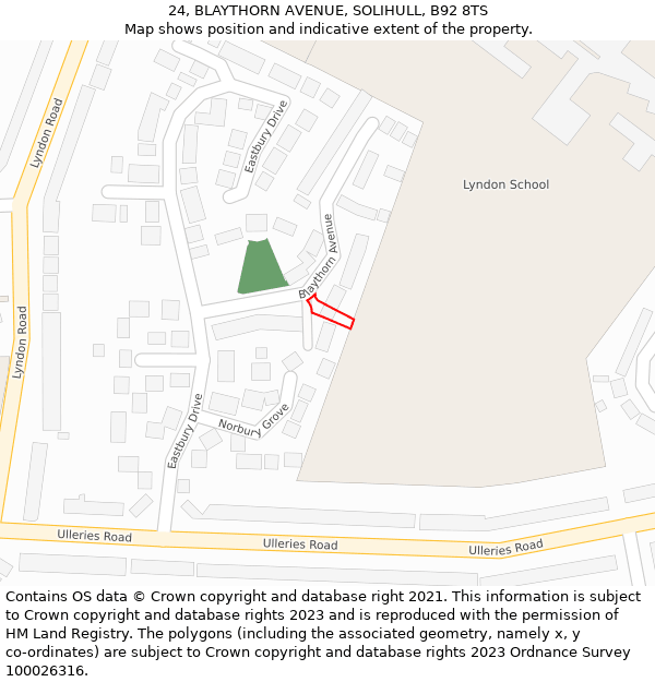 24, BLAYTHORN AVENUE, SOLIHULL, B92 8TS: Location map and indicative extent of plot