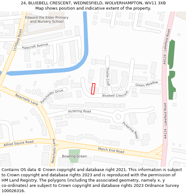 24, BLUEBELL CRESCENT, WEDNESFIELD, WOLVERHAMPTON, WV11 3XB: Location map and indicative extent of plot