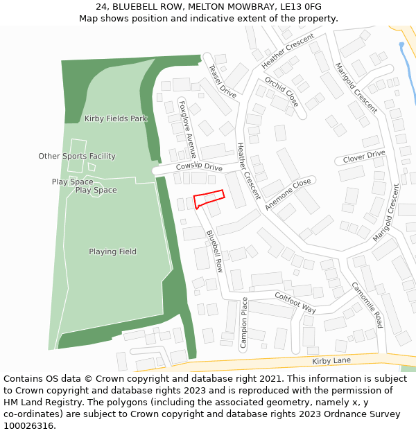 24, BLUEBELL ROW, MELTON MOWBRAY, LE13 0FG: Location map and indicative extent of plot