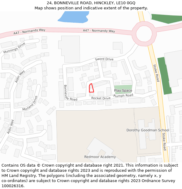 24, BONNEVILLE ROAD, HINCKLEY, LE10 0GQ: Location map and indicative extent of plot