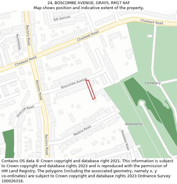 24, BOSCOMBE AVENUE, GRAYS, RM17 6AF: Location map and indicative extent of plot